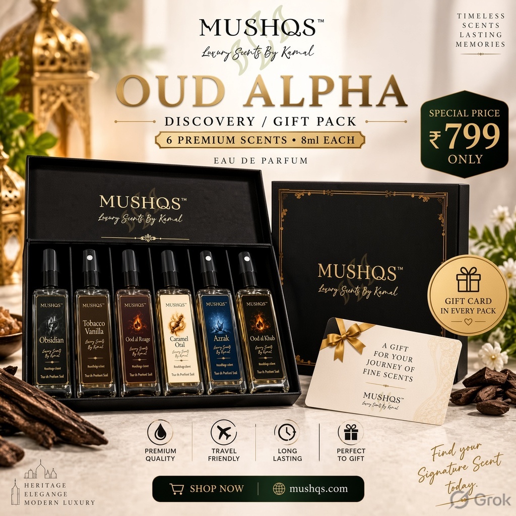 MUSHQS Oud Alpha Discovery Gift Pack – 6 Premium 8ml Perfumes | Luxury Oud Perfume Gift Set | ₹799